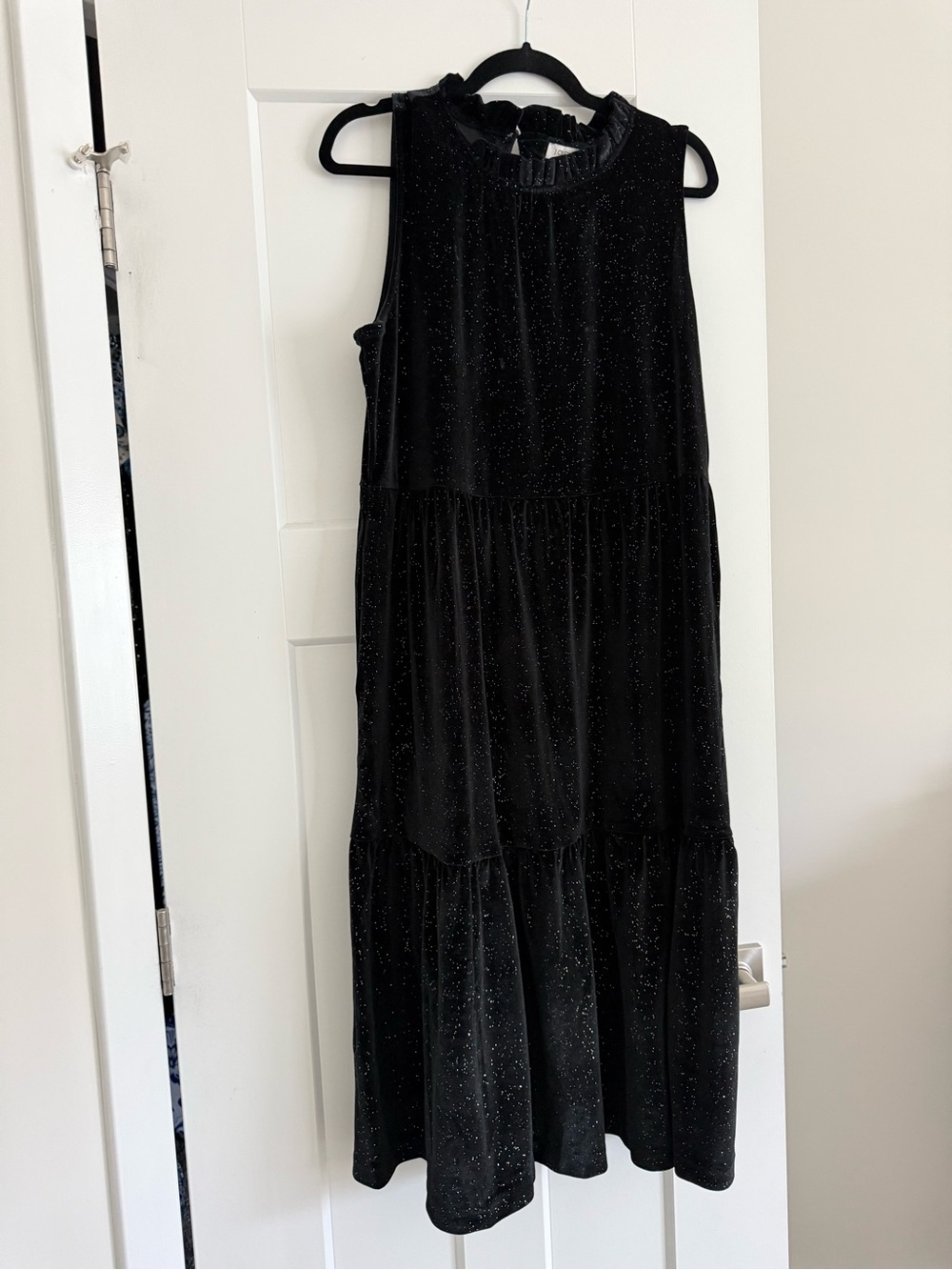 J. Crew Factory Black Sparkle Midi Dress with Ruffled Neck